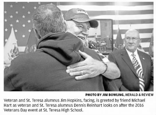 Veteran Jim Hopkins greeted by Michael Hart and Dennis Reinhart
